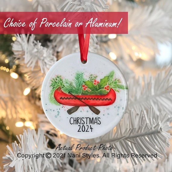 Personalized Canoe Christmas Ornament: Watercolor Design, Family Gift