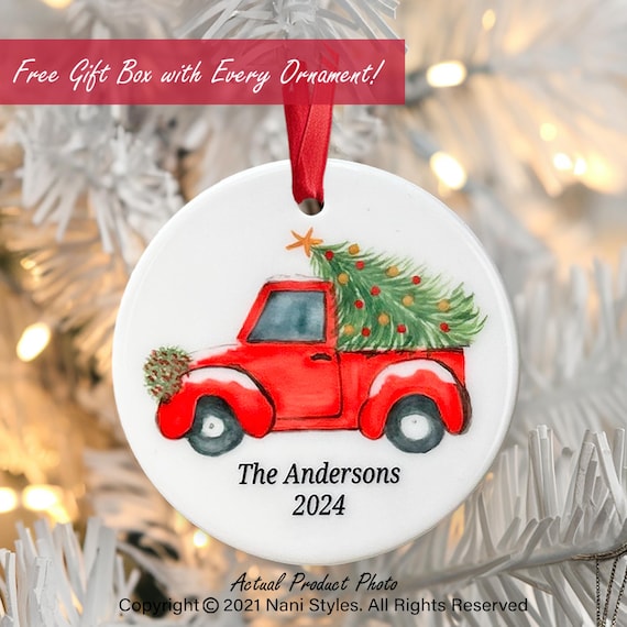 Personalized Red Truck Ornament, Christmas Ornament, Custom Ornament, Christmas Tree in Truck, Family Gift, Year Ornament