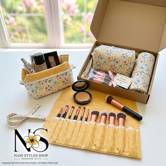 Fabric Makeup Bag and Brush Roll Organizer with Brush Set, Travel Cosmetic Holder