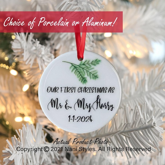 Personalized First Christmas Ornament: Custom Date, Family Name, Porcelain or Aluminum