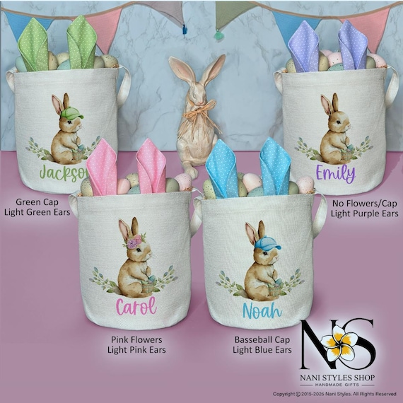 Personalized Easter Basket with Vintage Bunny Print