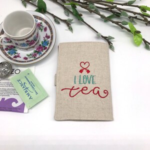Cartera para té, porta té, cartera para bolsitas de té, portador de bolsitas de té de viaje, "I Love Tea", cartera para té de lino y algodón, regalo de San Valentín, regalo de aniversario