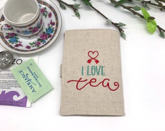 Tea wallet, Tea Holder, Tea Bag Wallet, Travel Tea bags carrier, "I Love Tea", Linen Cotton Tea Wallet, Valentine Gift, Anniversary Gift