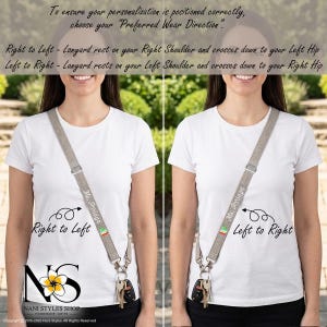 May include: A beige fabric lanyard with a personalized name and small flag icon, featuring metal hardware and a key ring. The image displays two wear directions: Right to Left, where the strap crosses from the right shoulder to the left hip, and Left to Right, where it crosses from the left shoulder to the right hip.