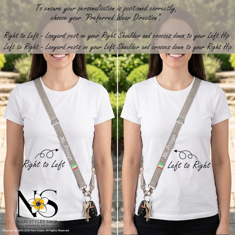May include: A beige fabric lanyard with a personalized name and small flag icon, featuring metal hardware and a key ring. The image displays two wear directions: Right to Left, where the strap crosses from the right shoulder to the left hip, and Left to Right, where it crosses from the left shoulder to the right hip.