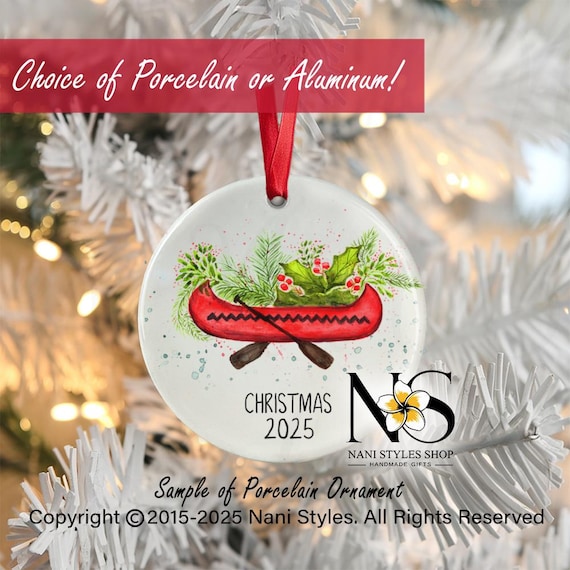 Personalized Canoe Christmas Ornament: Watercolor Design, Family Gift