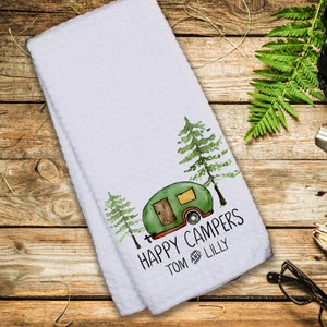Trailer Kitchen Towel, RV Kitchen Towel, Happy Campers, Tent Life - Original Watercolor Microfiber Towel - 16&#39;&#39;x27&#39;&#39;