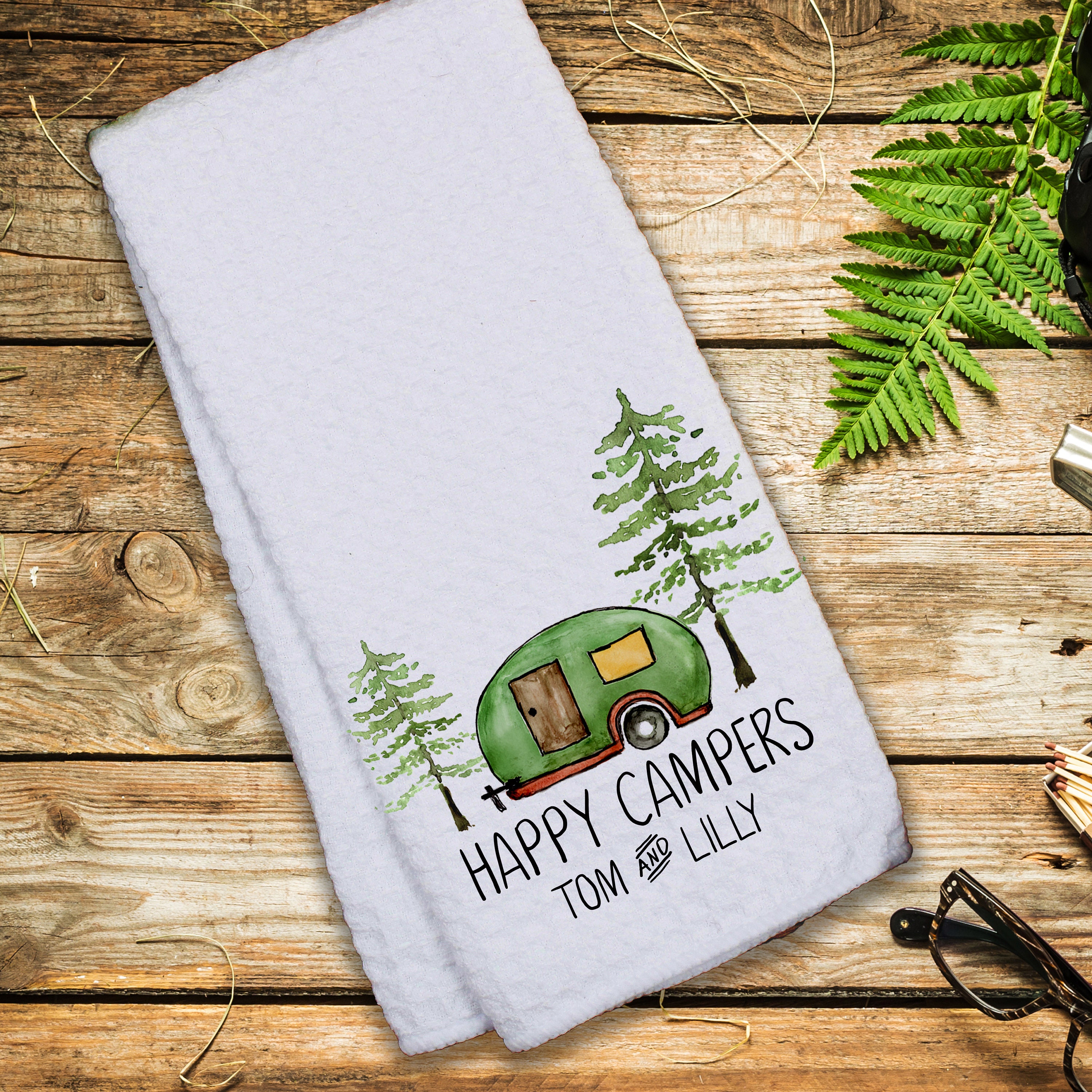 Happy Campers Towel / RV Embroidered Dish Towel / Applique Towel
