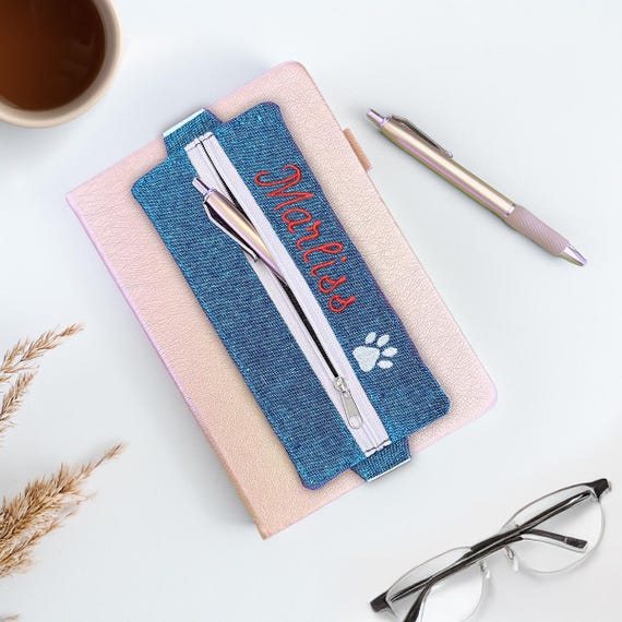 Personalized Journal Pen Holder, Teacher Notebook Pen Holder, Fabric Pen Zipper Pouch, Elastic Bookmark Pen Holder, Available in Two Sizes