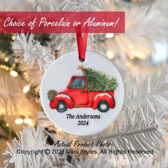Personalized Red Truck Christmas Ornament: Watercolor Tree, Custom Family Gift