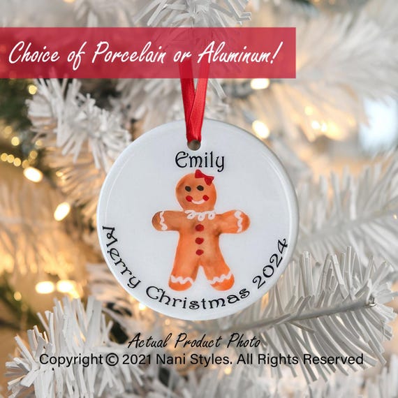 Personalized Gingerbread Ornament: Custom Name & Year, Porcelain or Aluminum
