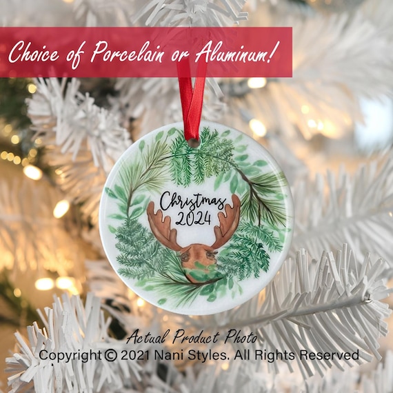 Watercolor Moose Christmas Ornament: Family Gift, Porcelain or Aluminum