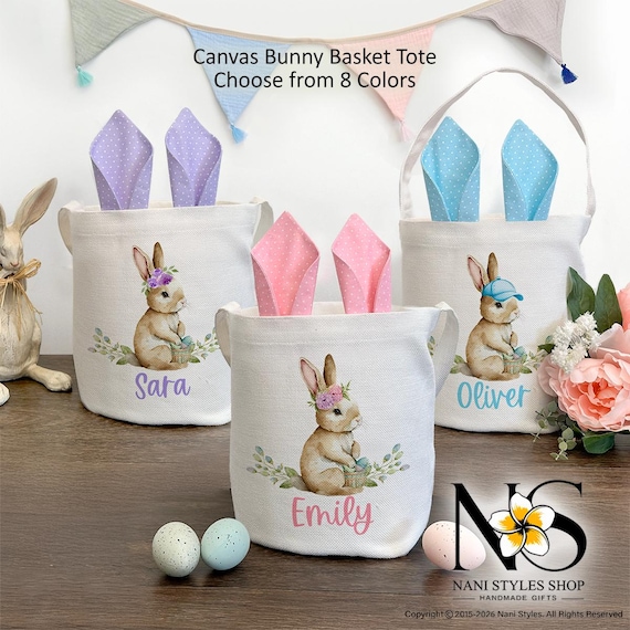 Personalized Easter Basket Canvas Tote with Vintage Bunny Print