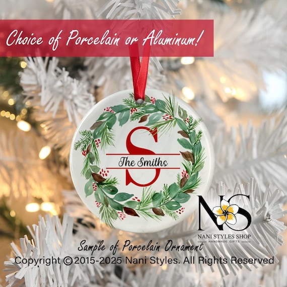 Personalized Family Name Christmas Ornament: Watercolor Wreath Design