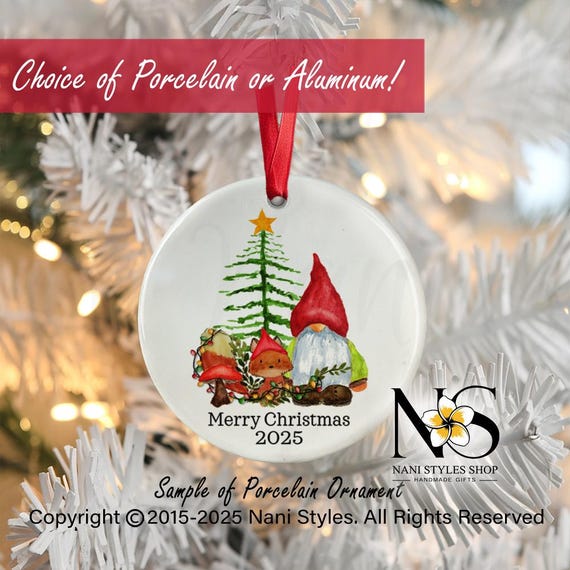 Personalized Watercolor Gnome Porcelain Ornament: Family Keepsake