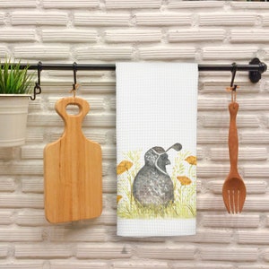 Quail in Poppies Dish Towel - Original Watercolor Kitchen Towel Tea Towel Dish Towel - 16&#39;&#39;x27&#39;&#39;
