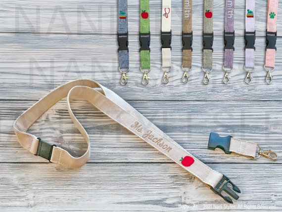 Personalized Breakaway Lanyard for Safety, Removable Key Clip - Linen Cotton Blend - Teacher Lanyard, Nurse Lanyard, Work Lanyard