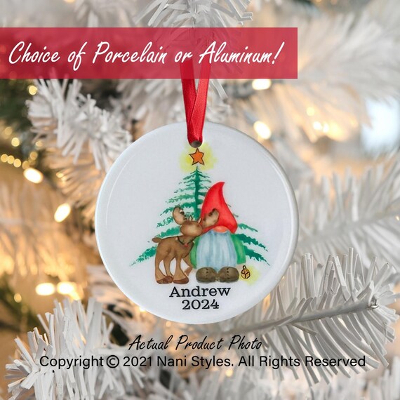 Personalized Watercolor Gnome Porcelain Ornament: Family Keepsake