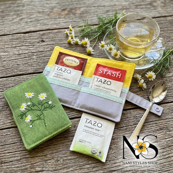 Chamomile Tea Bag Wallet, Linen Cotton Embroidery (Fits 4-6 Bags)