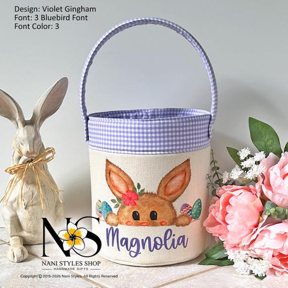 Personalized Bunny Easter Basket, Handmade Poly Linen and Cotton Fabrics