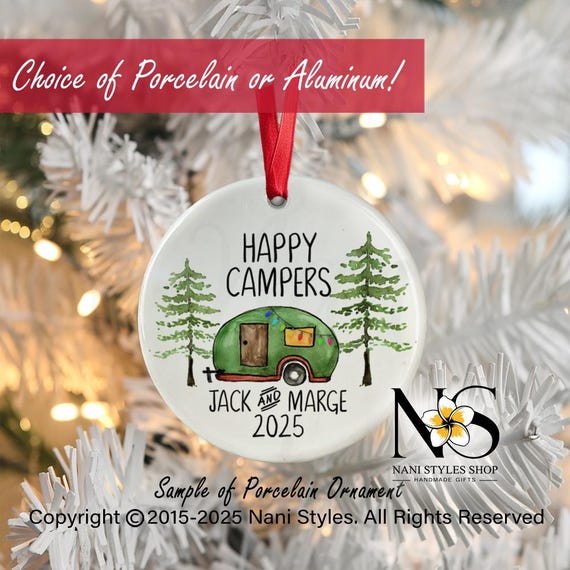 Personalized Camper Ornament: Watercolor Pine Tree Design, Custom Family Gift
