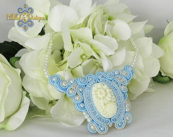 Pretty Blue Soutache Necklace. Unique Handmade Flower Cameo Textile  Jewellery.
