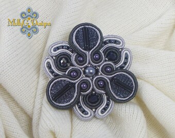 Silver Grey Soutache Brooch. Unique Handmade Shawl Pin. Statement brooch. Fashion brooch. Jewellery Gift. Womens Brooch. One Of A Kind