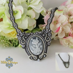 Silver Grey Soutache Beaded Necklace. Unique Handmade Textile Cameo. Special Occasion Statement Jewellery.