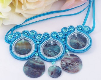 Turquoise Soutache Beaded Necklace. OOAK Handmade Jewellery . Abalone Necklace. Unique Boho Jewellery. Festival Necklace. Gift For Her.