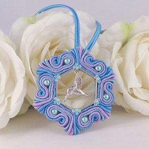 Soutache necklace. Blue lilac hummimgbird necklace. Soutache jewellery MollyG Designs One of a kind jewellery Ladies gift. Handmade necklace