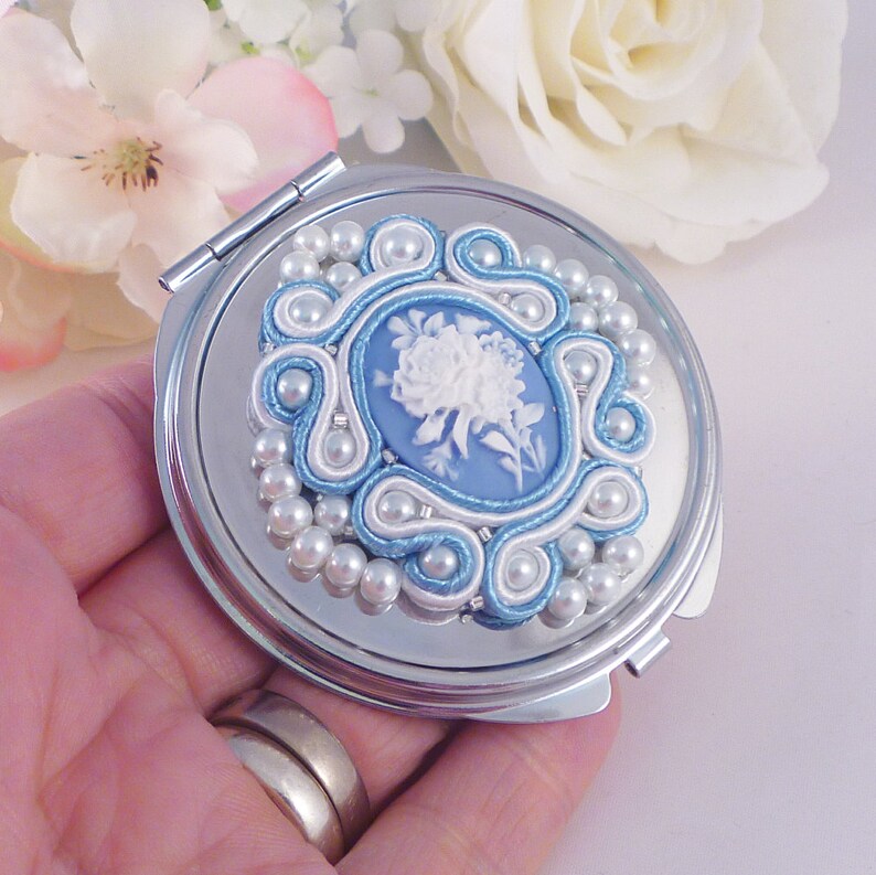 Compact Mirror Decorated With Beaded Soutache Mollyg Designs. Pale Blue