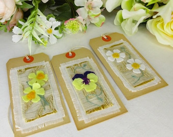 Gift Tags. Embroidered Floral Labels. Unique Handmade Present Tags. Set Of Three
