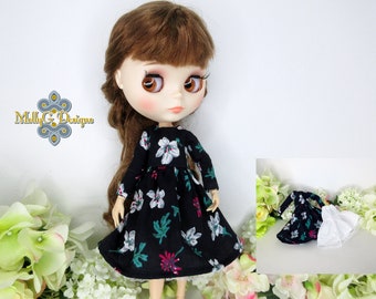 Blythe Dress And Petticoat. Long Sleeve Navy Floral Dress. Blythe Clothing. Dolls Dress. Unique Handmade Blythe Outfit. Blythe Clothes.