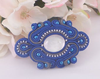 Blue soutache barrette. Hair accessory. Blue grey hair clip. Sparkling hair accessory. MollyG Designs. Beaded barrette. Glass bead hair clip