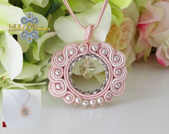 Pink Soutache Necklace With A Crystal Heart. Unique Handmade Jewellery. Textile And Beaded Necklace. Jewellery Gift Idea. Pink Jewellery.