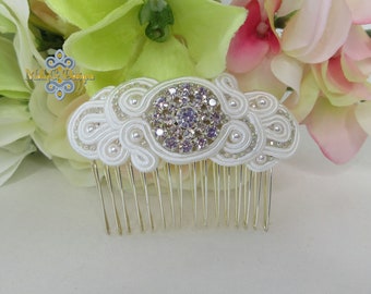 White Bridal Comb Wedding Hair Accessory. Soutache Accessory. Beaded Decorative Hair Comb. Sparkling Comb. Unique Bridal Accessory.