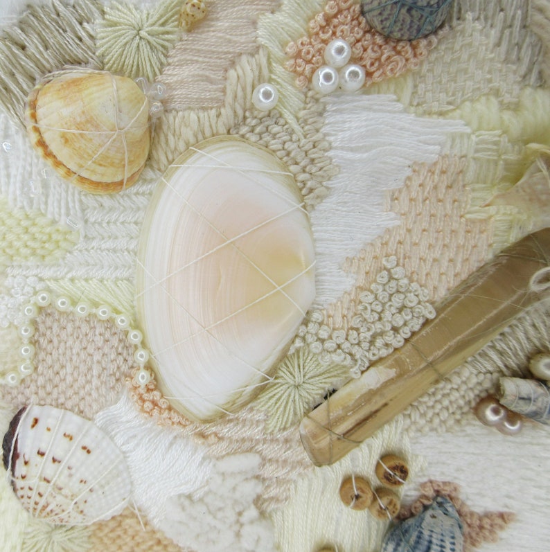 Embroidered Wall Hanging. Sea Shore Sea Shell Embroidery. Unique Hand Stitched Embroidered Picture. Slow Stitch Embroidery. image 3