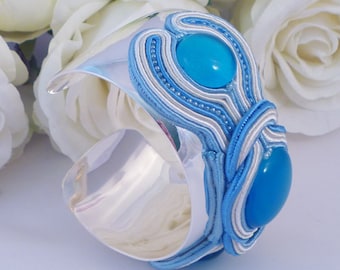 Statement Bangle. Soutache And Beaded Decorative Bracelet. Blue And Silver Coloured Jewellery.