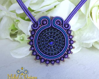 Purple And Teal Beaded Necklace. Handstitched Textile Jewellery. Unique Soutache Braid Design.