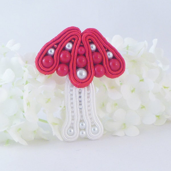Mushroom |Soutache Brooch Jewellery. Beaded Toadstool, Fun Fashion Fungi brooch.