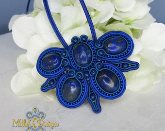 Blue Beaded Statement Necklace. Unique Handmade Soutache Textile Jewellery.