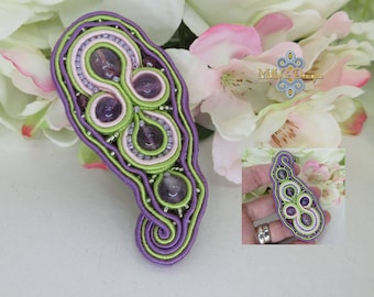 Beaded Brooch Lilac Purple And Green Paisley Shaped Jewellery. Unique Handmade Soutache Jewelry. Ladies Gift Idea. Fashion Jewellery.