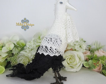 Soft Sculpture Fantasy Bird Statue. Textile Beaded Ornament. Black And White Home Decor. Unique Handmade Gift For The Home.