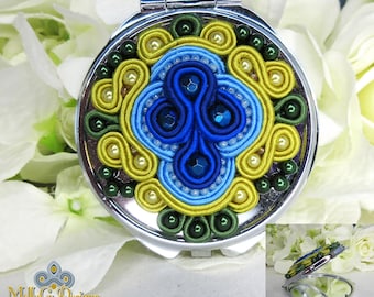 Compact Mirror Decorated With Soutache And Beaded Detail. Unique Handbag Accessory.