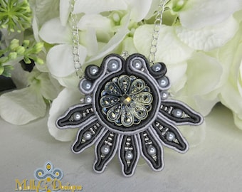 Silver Beaded Necklace. Unique Textile Jewellery. Sparkling Star Burst Design in Soutache.