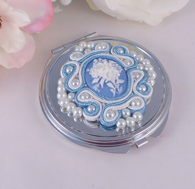 Compact Mirror Decorated With Beaded Soutache Mollyg Designs. Pale Blue