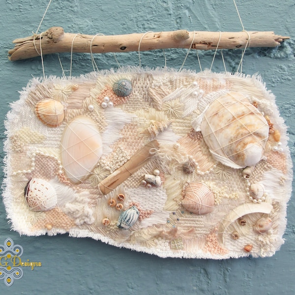 Embroidered Wall Hanging. Sea Shore Sea Shell Embroidery. Unique Hand Stitched Embroidered Picture. Slow Stitch Embroidery.