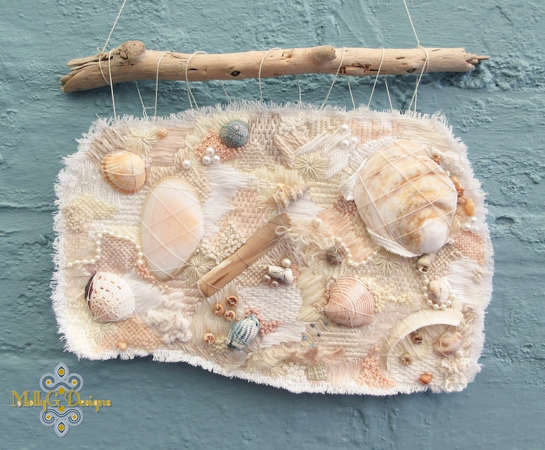 Embroidered Wall Hanging. Sea Shore Sea Shell Embroidery. Unique Hand Stitched Embroidered Picture. Slow Stitch Embroidery. image 1