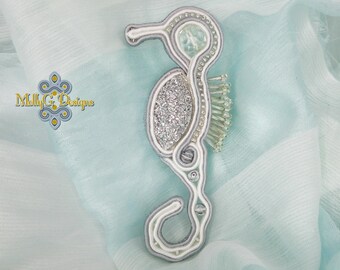 Seahorse Beaded Brooch. Unique Soutache Jewellery. Handmade Silver Sparkling Sealife Pin.