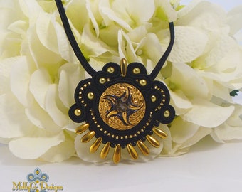 Black and gold soutache beaded necklace. Unique jewellery design. MollyG Designs. Handmade necklace. Statement jewelry.